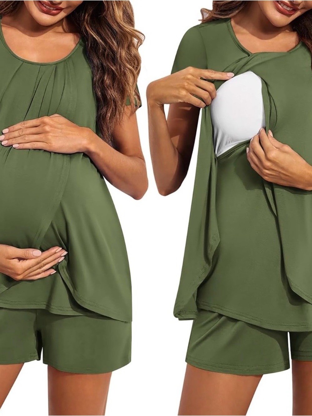 Maternity Nursing Olive Green Short-Sleeve Jumpsuit & Shorts Set